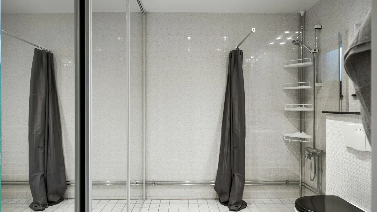 Modern bathroom with a sleek luxury shower curtain and tiled walls.
