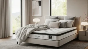 Modern bedroom interior featuring the best luxury mattress with premium bedding and elegant decor