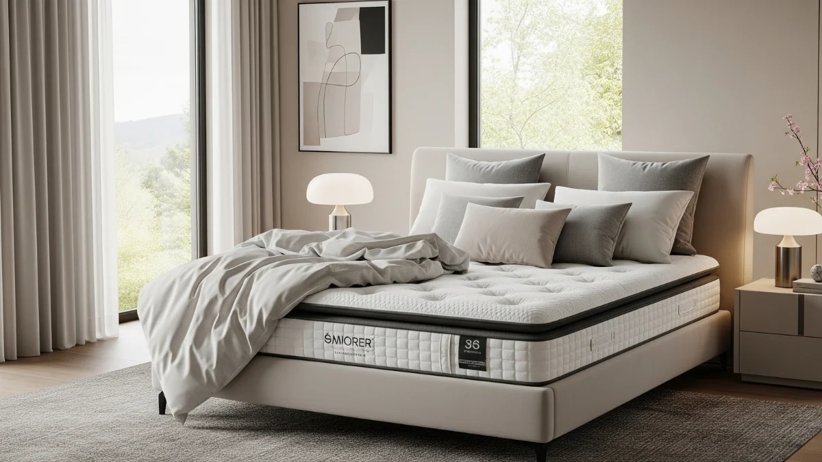 Modern bedroom interior featuring the best luxury mattress with premium bedding and elegant decor