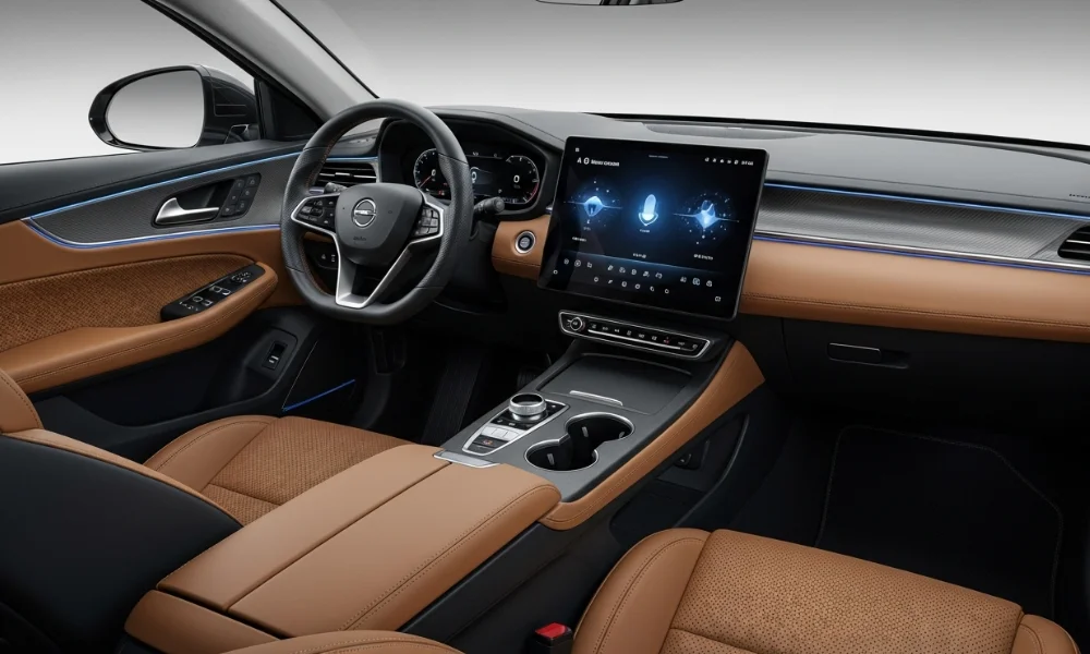 Modern car interior with tan leather and large screen