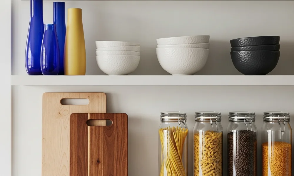 Modern kitchen shelf with colorful vases, stacked bowls, wooden cutting boards, and glass jars of pasta and grains