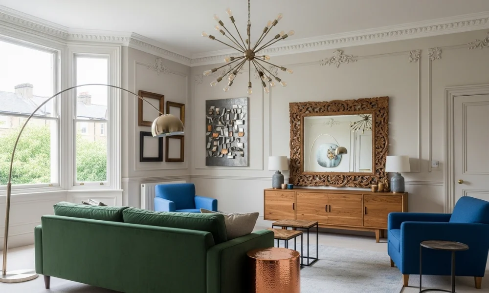 Modern living room with a green sofa, blue armchairs, a carved wooden mirror, and a striking starburst chandelier