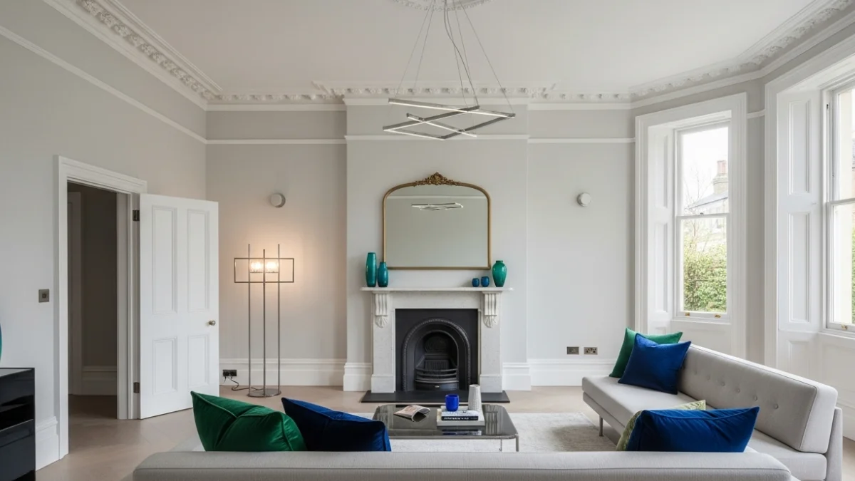 Modern living room with gray sofas, blue and green pillows, and a black fireplace under a gold-framed mirror.