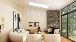 Modern living room with natural light coming through a skylight,