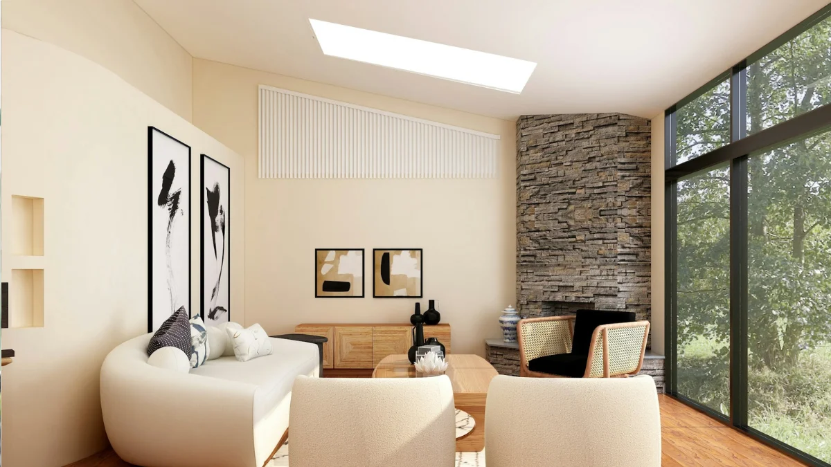 Modern living room with natural light coming through a skylight,