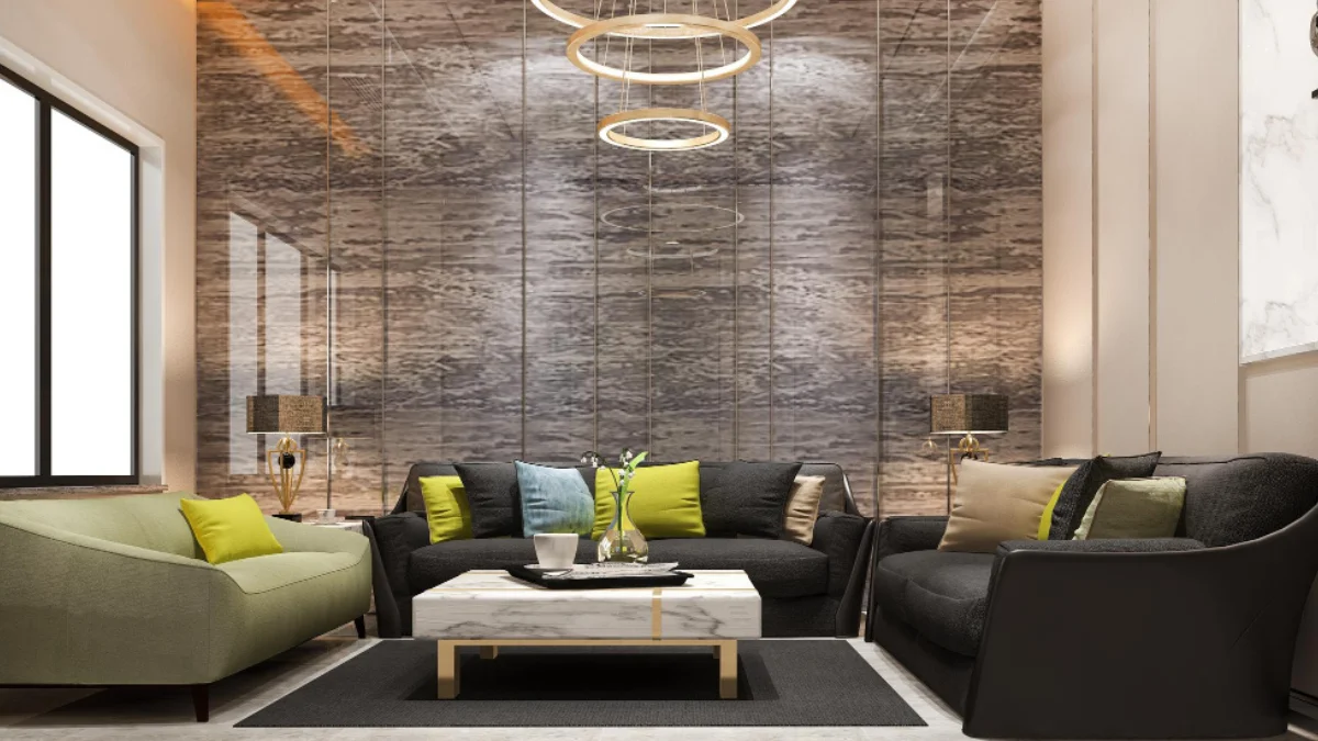 Modern luxury interior design living room with stylish sofas, accent pillows, and a marble coffee table.