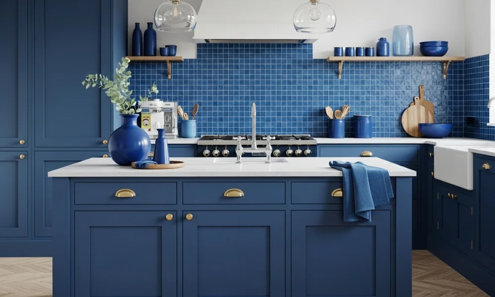 Modern navy blue kitchen with island and gold accents