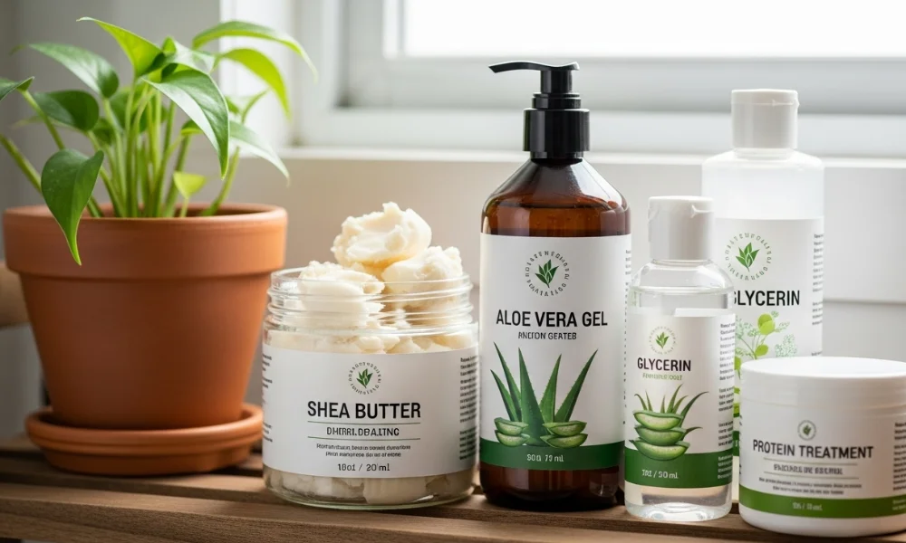 Natural hair care products including shea butter, aloe vera gel, and glycerin