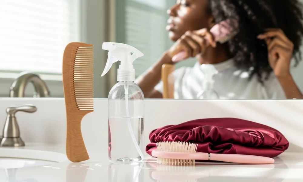 Natural hair care tools and products on bathroom counter