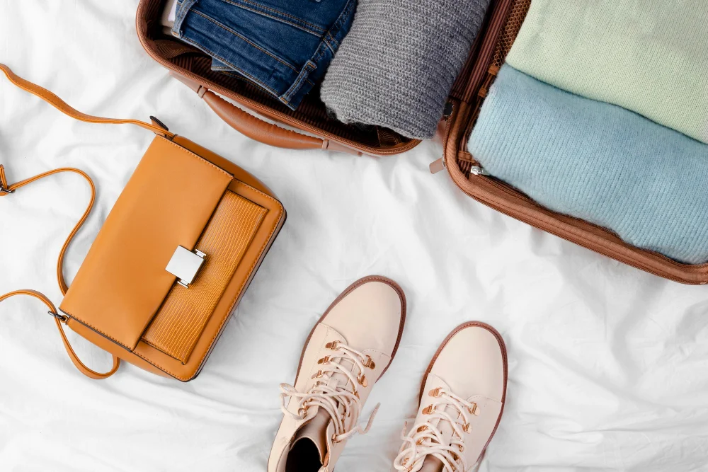 Open suitcase with folded clothes on a white bed, beige boots and mustard handbag nearby