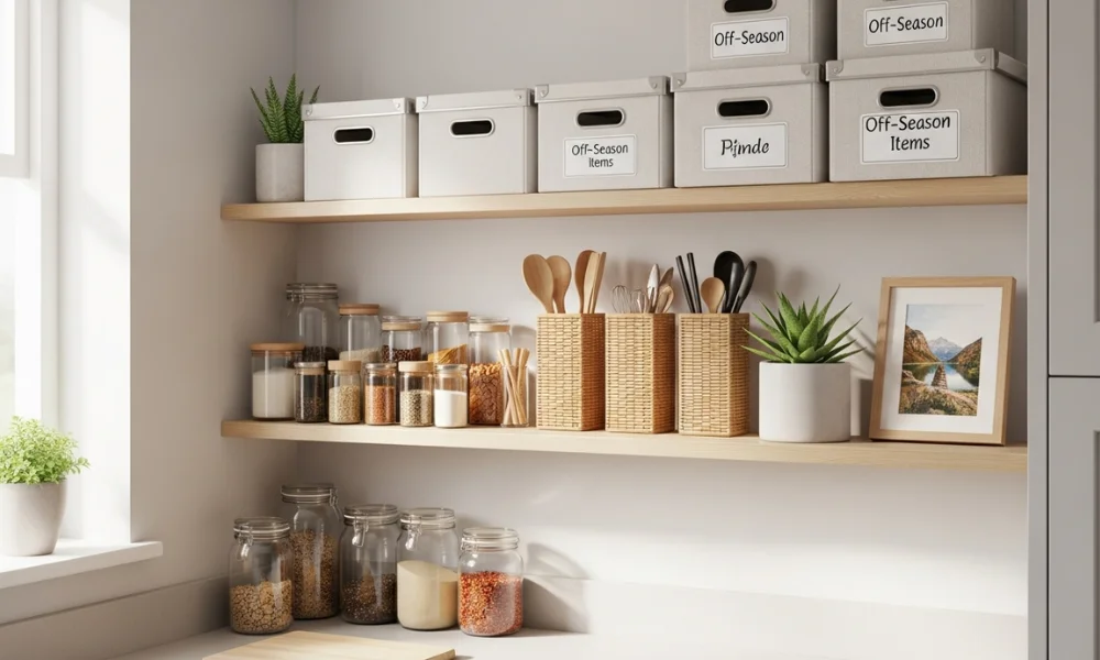 Organized kitchen shelves with labeled storage boxes, glass jars of dry goods, wooden utensil holders, and a small potted plant