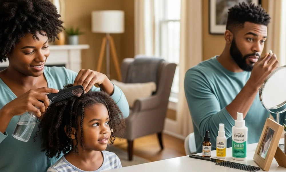 Parents styling child’s natural hair at home