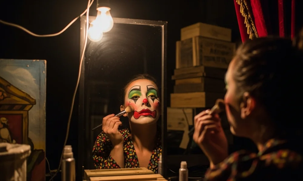 Performer adding clown makeup backstage