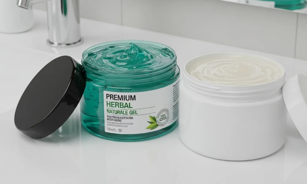 Premium herbal hair gel and cream jars on bathroom counter