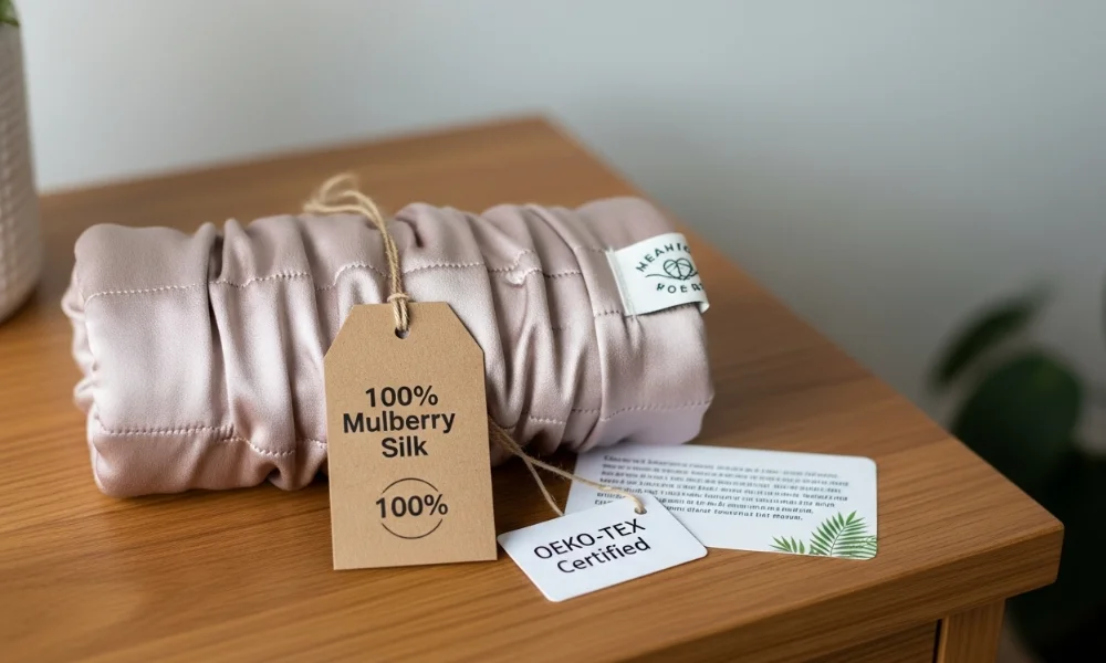 Rolled 100% mulberry silk fabric with OEKO-TEX certification tag