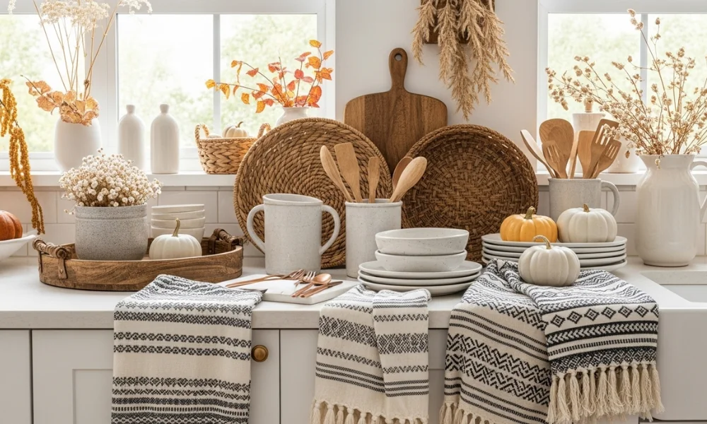 Rustic kitchen styling with autumn pumpkins and trays