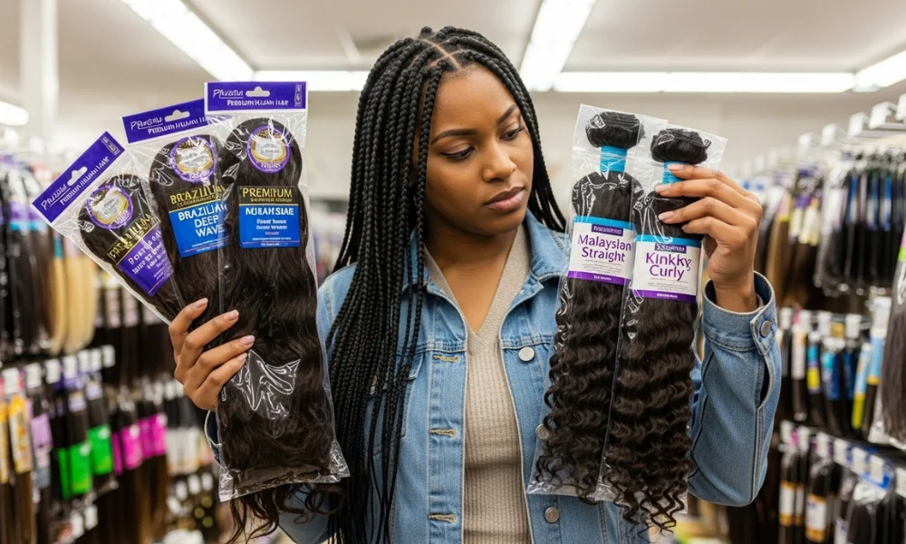 Shopper examining premium human braiding hair bundles for quality and labeling