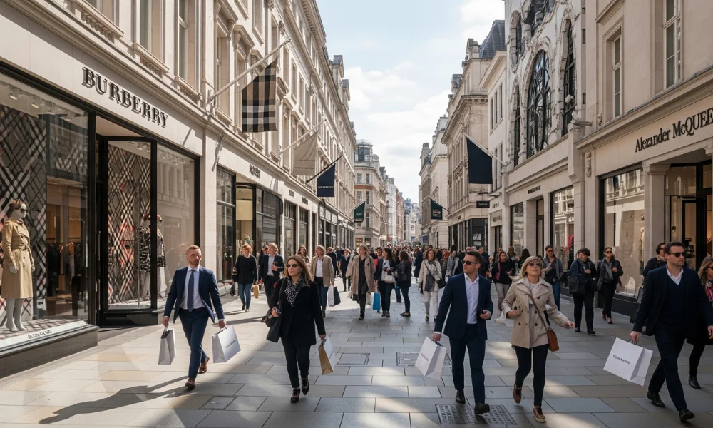 Shoppers on a busy London street with Burberry and Alexander McQueen luxury fashion boutiques