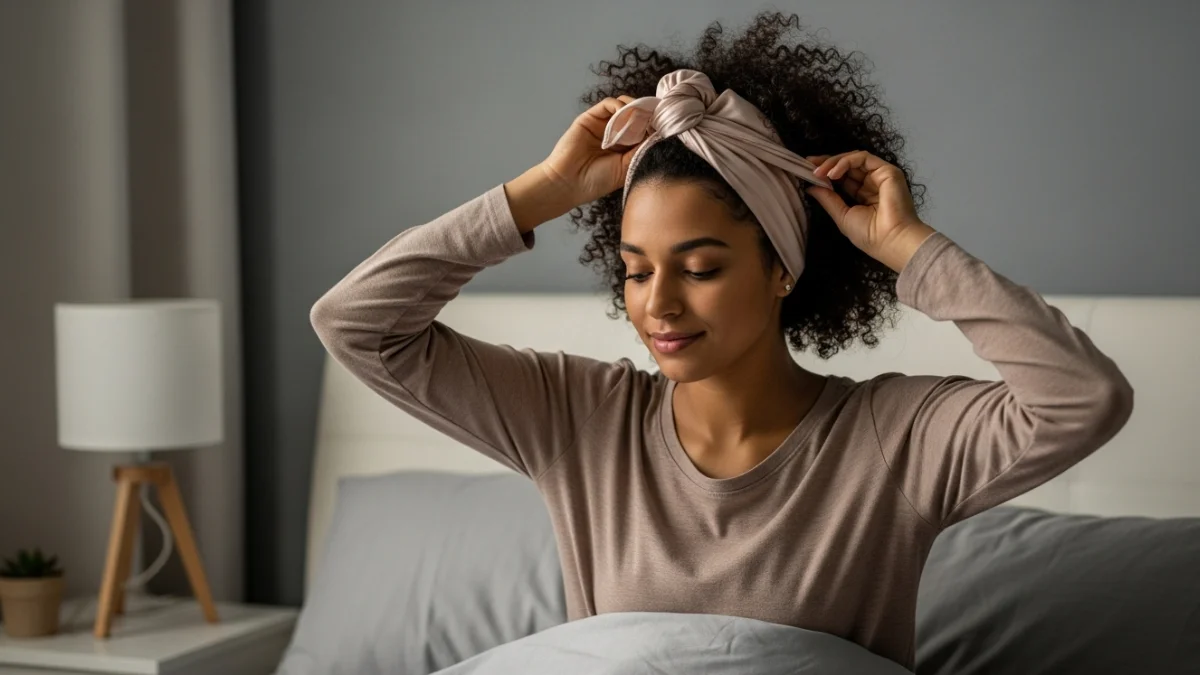 Silk hair wrap on woman with natural curls before bed