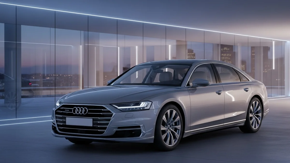 Silver Audi luxury sedan in modern showroom.