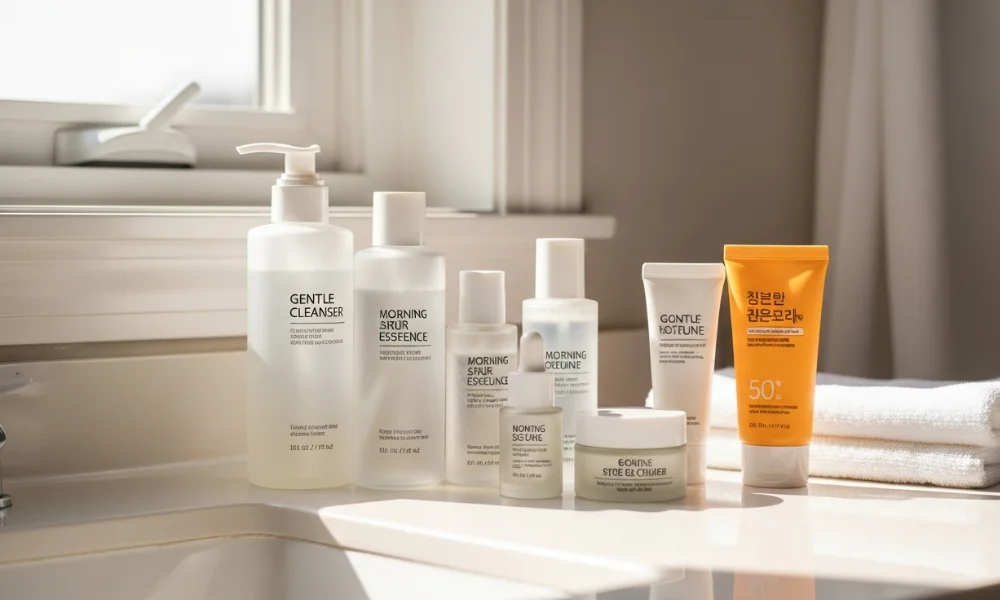 Skincare bottles with cleanser and SPF