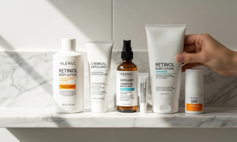 Skincare products arranged for Body Care Routine