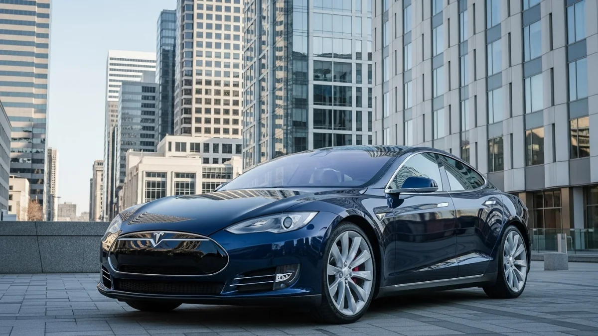 Sleek blue Tesla luxury car parked in a modern cityscape with tall glass buildings in the background