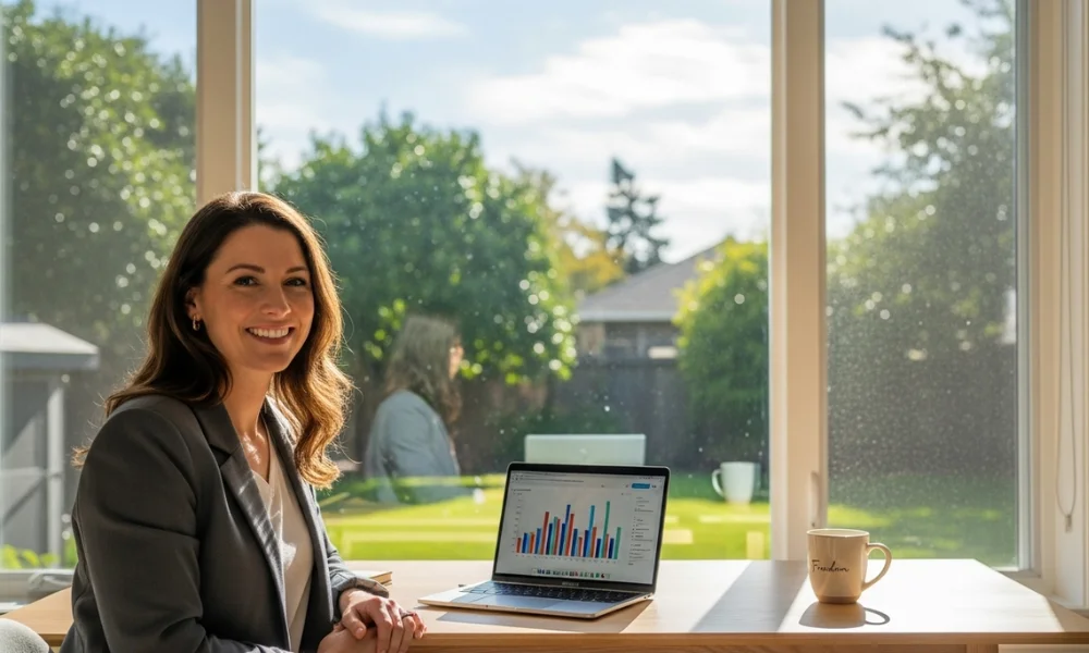 Smiling woman working with laptop by window