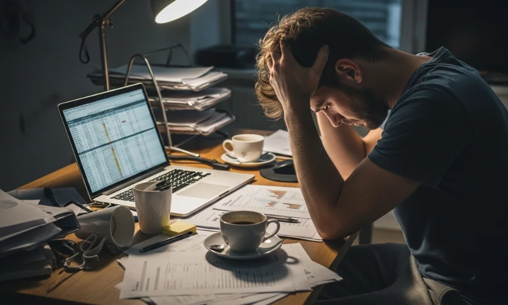 Stressed man at cluttered desk with laptop