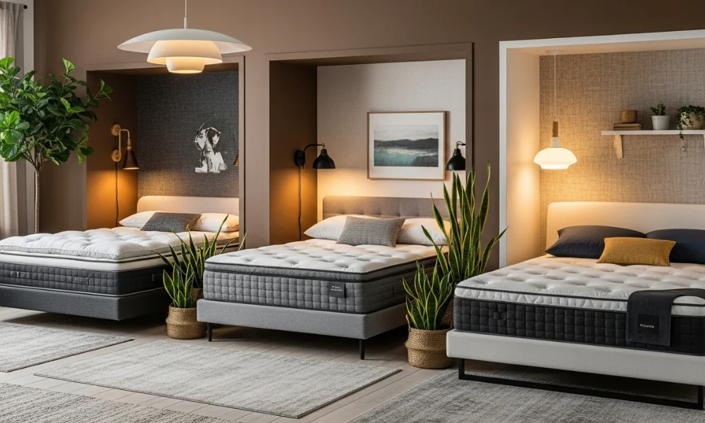 Stylish showroom featuring three displays of the best luxury mattresses with plush bedding and modern décor