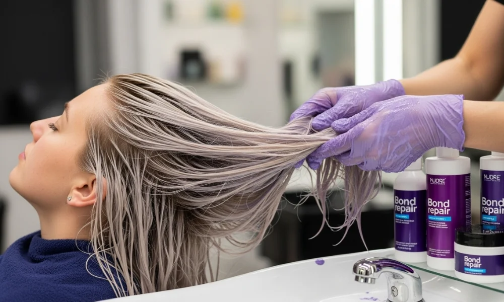 Stylist applying bond repair treatment to blonde hair at salon sink