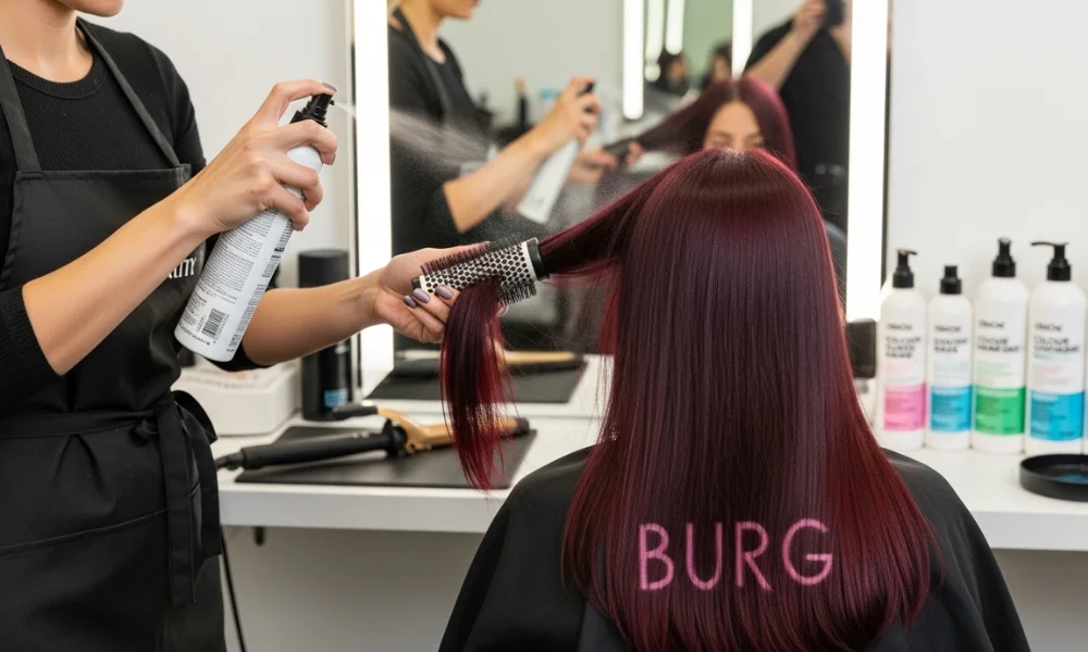 Stylist applying heat protectant before styling vibrant burgundy hair