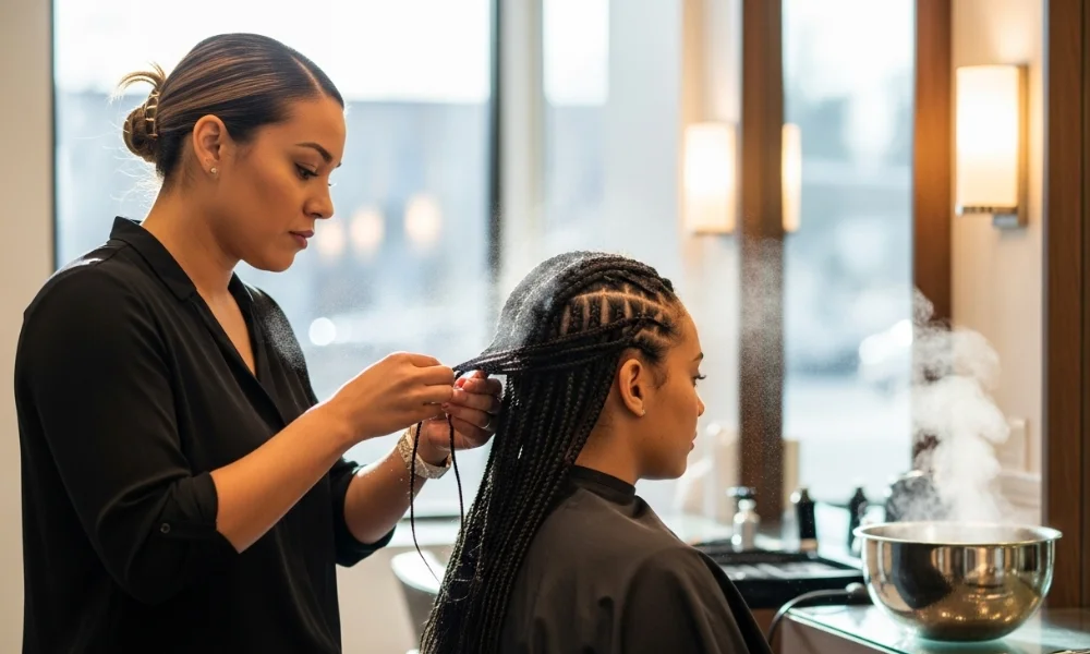 Stylist creating neat cornrows using Freetress braiding hair in salon
