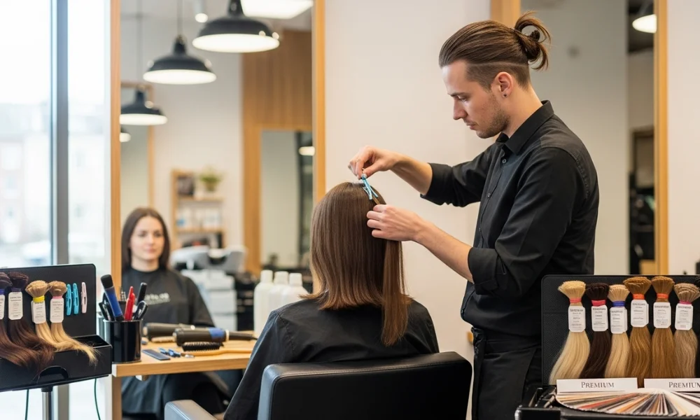 Stylist matching and applying hair extensions for a client in a U.S. salon