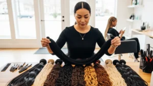 Stylist preparing quality human braiding hair bundles for installation