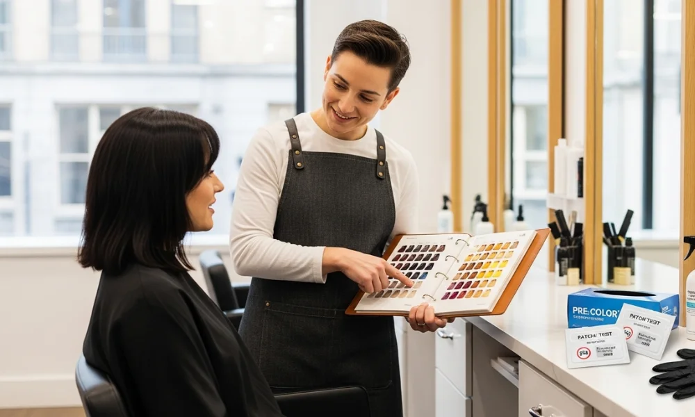 Stylist showing hair color chart to client at salon