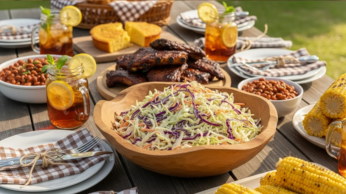 Summer picnic table with coleslaw, grilled corn and iced tea