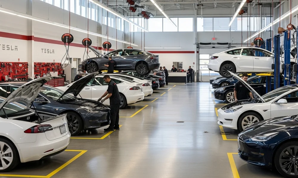 Tesla service center with multiple electric cars being inspected and repaired by technicians on lifts and work bays.