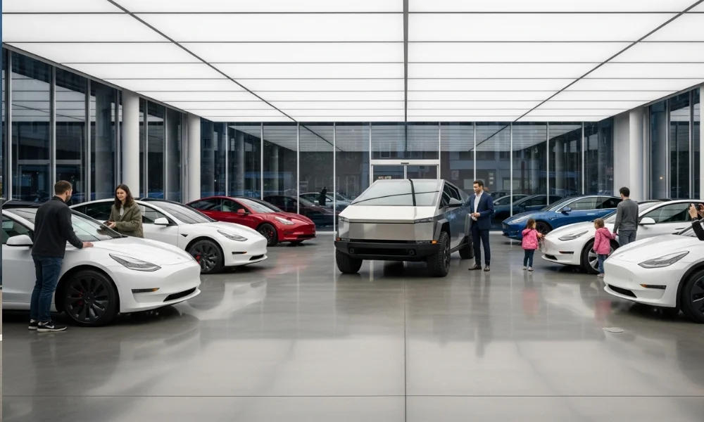 Tesla showroom featuring multiple luxury electric cars including Model 3, Model S, and Cybertruck, with customers exploring and photographing vehicles