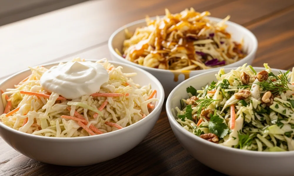 Three bowls of different styles of homemade coleslaw