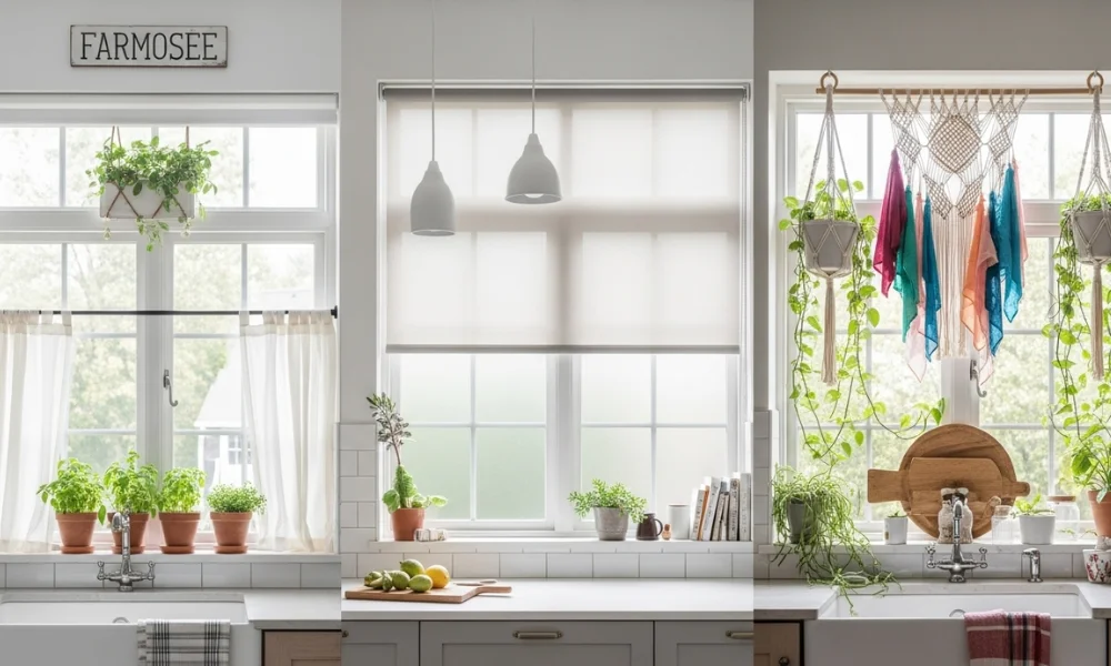 Three kitchen window decor styles with plants