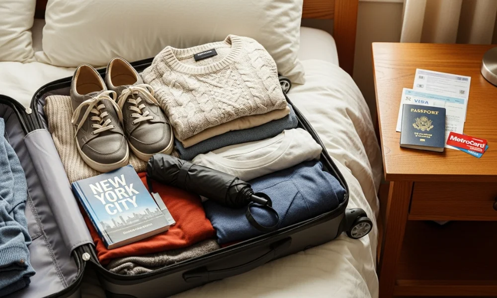 Traveler organizing travel documents and essentials for a New York City trip