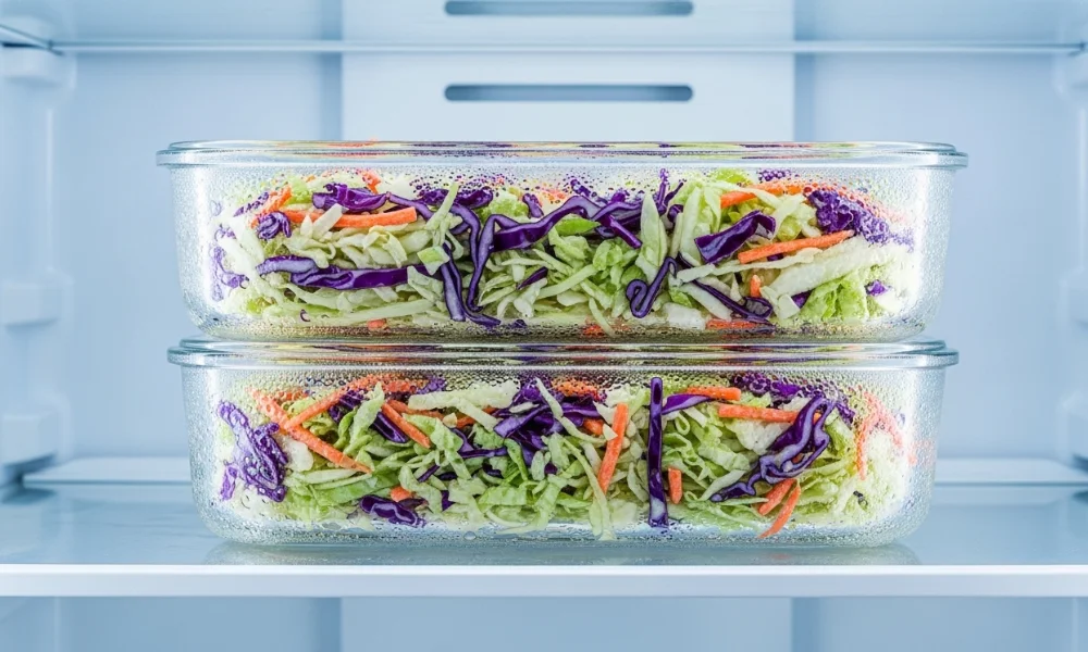 Two glass containers of fresh coleslaw stored in a fridge