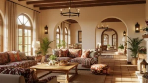 Warm Spanish-style home interior with arches, terracotta floors, and vibrant accents