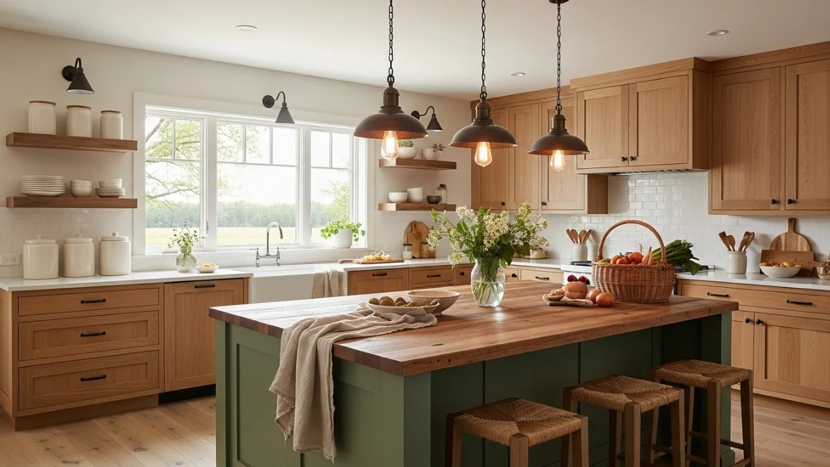 Warm farmhouse kitchen with wooden cabinets, a green island, pendant lights, and rustic accents.