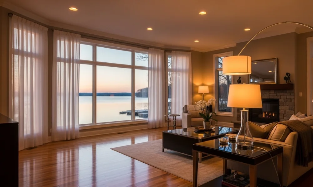 Warm lake house lounge at sunset