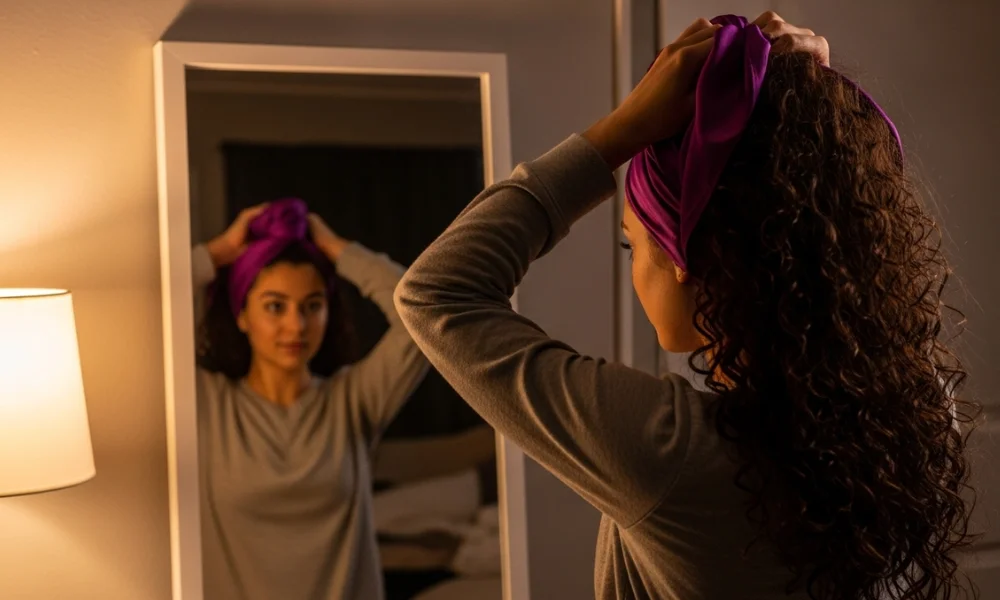 Woman adjusting silk hair wrap in mirror at night