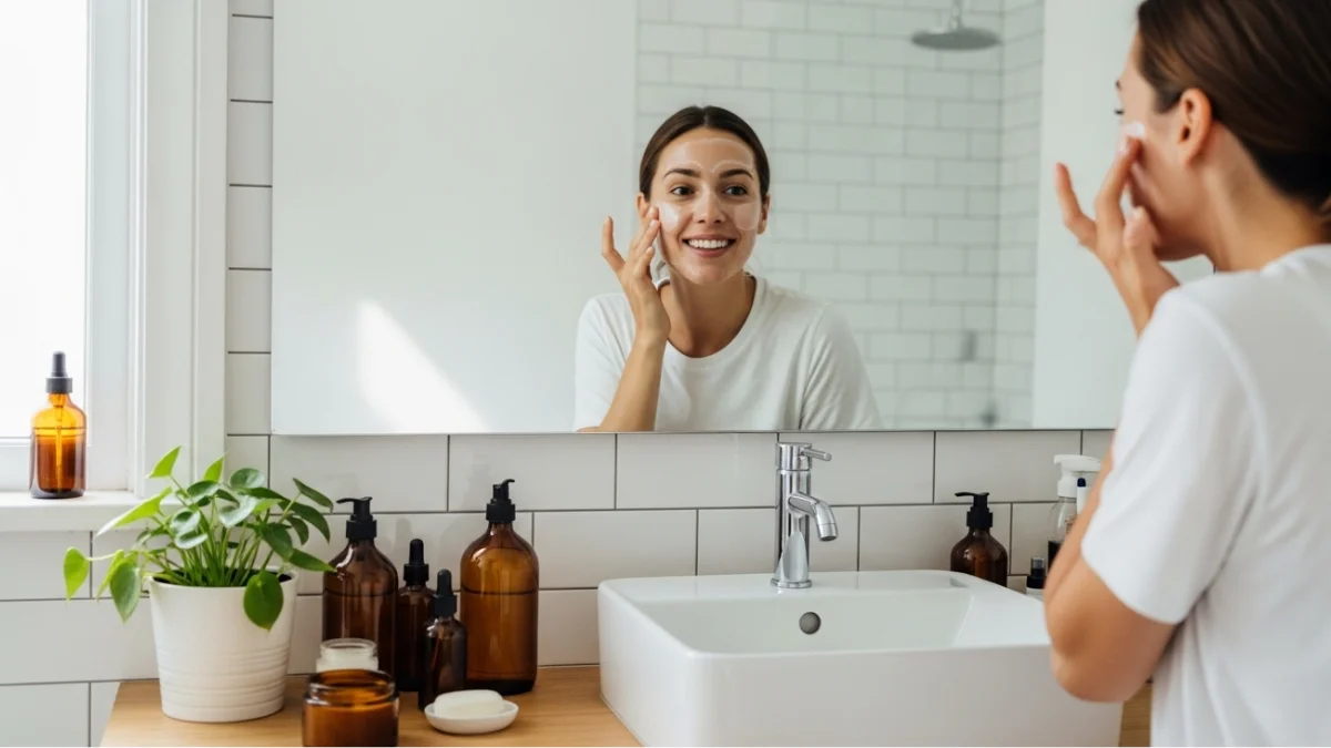 Woman applies glowing skin mask, smiling