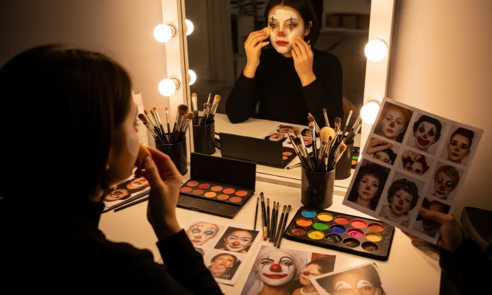 Woman applying clown face paint