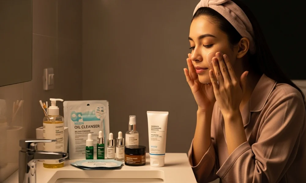 Woman applying cream for Korean face care routine